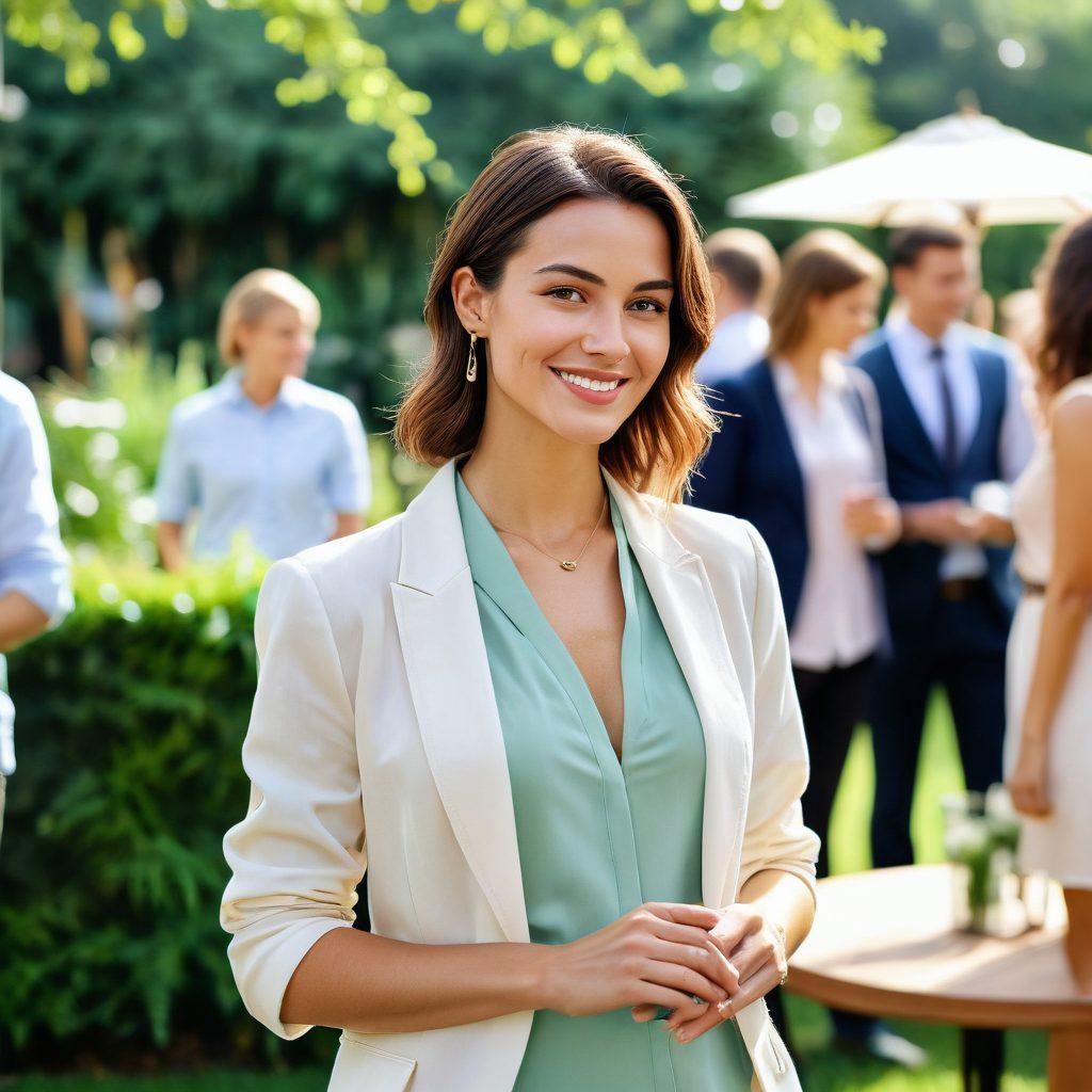 A stylish woman in an elegant outfit, confidently networking at a modern outdoor social event, surrounded by diverse, fashionable individuals engaging in conversation. The setting includes lush greenery, sophisticated furniture, and trendy decor, conveying a vibrant atmosphere. Bright smiles and expressive body language emphasize the warmth of connection. soft-focus background with bokeh effects. watercolor style. muted pastel colors.