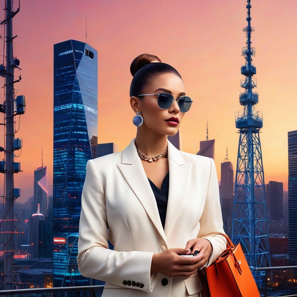A stylish businesswoman in a sleek suit, confidently holding a smartphone, standing amidst a backdrop of modern telecommunication towers. She is surrounded by vibrant colors, showcasing various fashionable accessories like statement earrings and a chic handbag. The scene conveys empowerment and fashion in a corporate setting, blending technology with elegance. A soft glow highlights her features, emphasizing her role in a stylish work environment. super-realistic. vibrant colors. cityscape background.