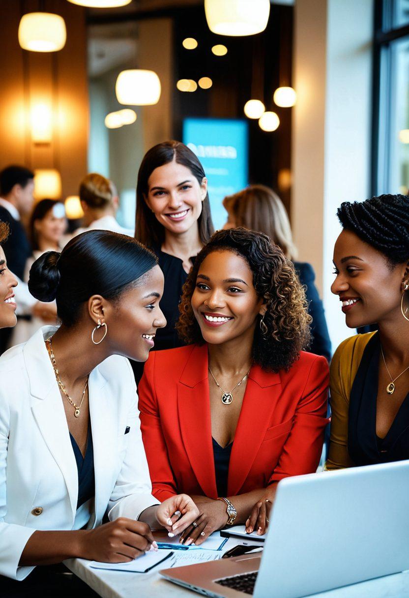 A captivating scene featuring a diverse group of elegant women in a modern networking event, engaged in lively discussions. The background showcases stylish décor with soft lighting, emphasizing their confidence and charm. Incorporate elements like name tags, smartphones, and laptops, symbolizing connectivity. Infuse vibrant colors to convey energy and warmth. super-realistic. vibrant colors. modern style.